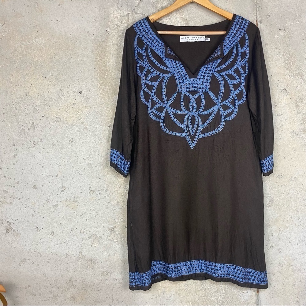 Gretchen Scott brown tunic blouse blue embroidered details xs small